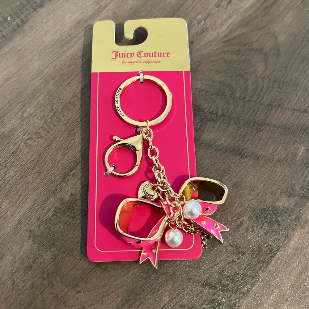 NEW Juicy Couture Gold & Pink Bow with Hearts Charm Keychain